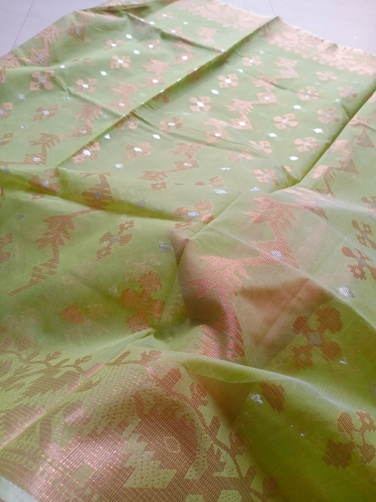 Golden Blossom Green Tangail Jamdani Saree